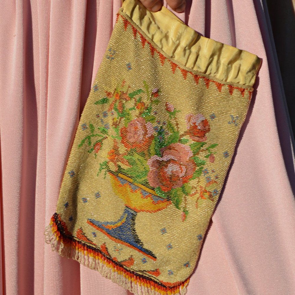 Late 1800s Purse, Victorian Seed Micro Glass Beaded Drawstring Hand Bag